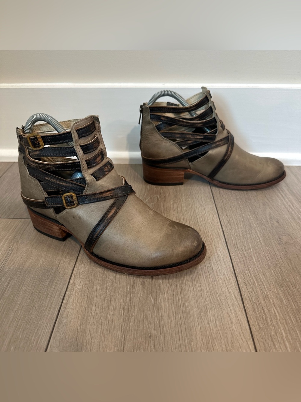 Freebird by Steven size 6 Stair Taupe and Dark Brown Cutout Strappy Ankle Boots